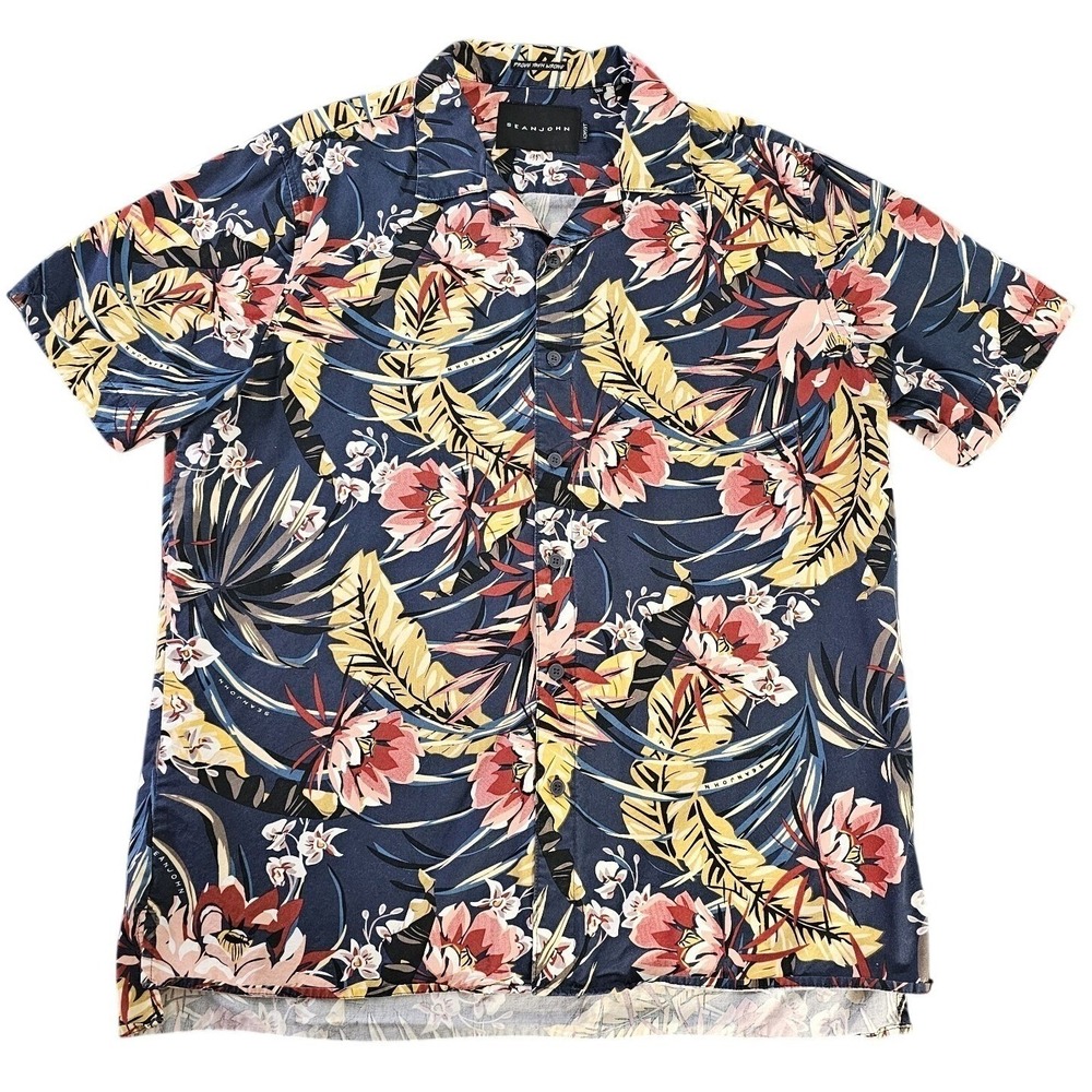 Sean John Shirt Mens XL Hawaiian Floral Legacy Camp Button Up Short Sleeve EUC
